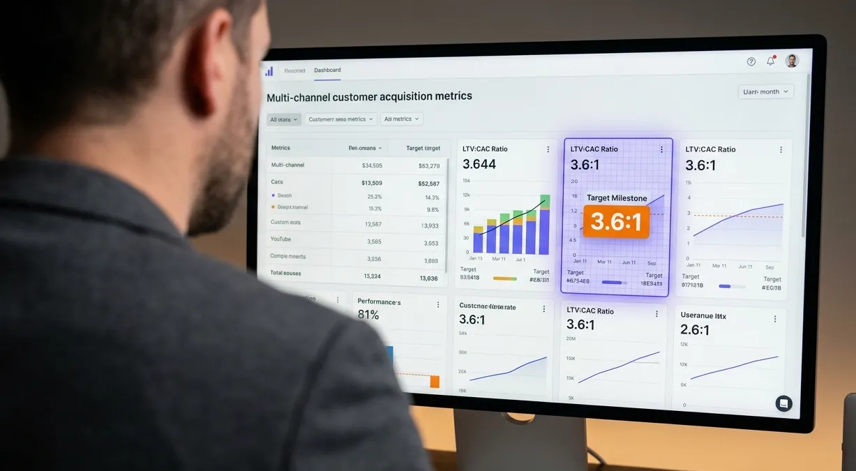 close-up of a software growth dashboard analyzing the LTV to CAC ratio and compounding ARR with purple and orange data charts.