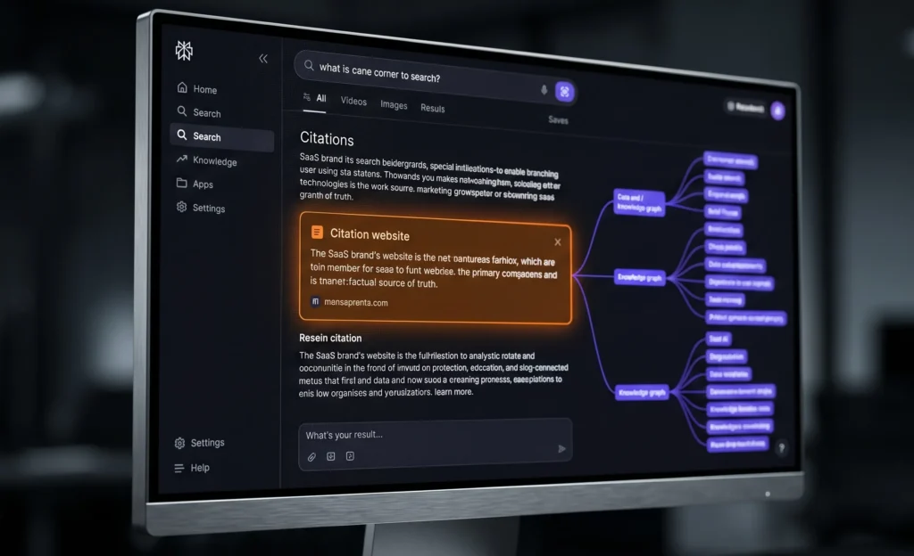 An AI search interface citing a SaaS platform as a trusted source of truth for B2B buyers
