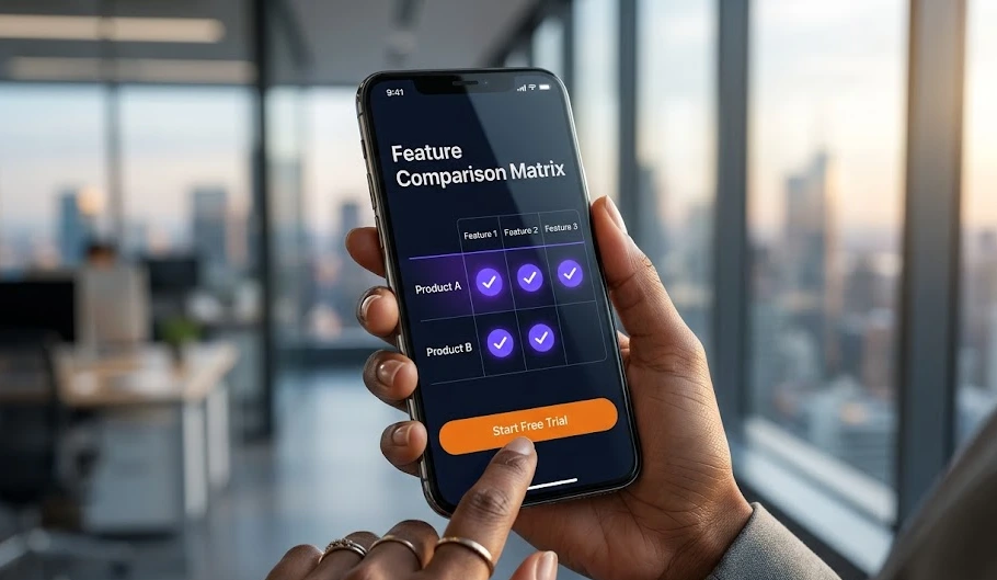 A high-intent SaaS comparison matrix on a mobile device, highlighting the conversion path for buyers in the evaluation stage.