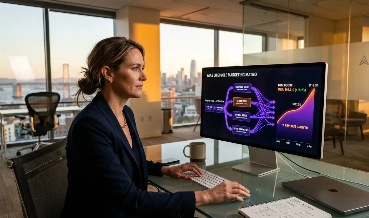 photography of a tech marketer analyzing a purple and orange lifecycle email automation dashboard showing MRR growth