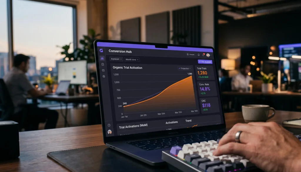 A high-performance analytics dashboard mapping organic search traffic to SaaS trial activations.
