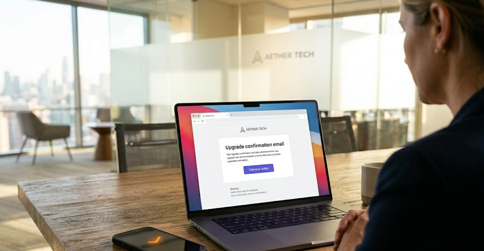 workspace scene of a B2B buyer upgrading their software plan via a high-converting lifecycle email sequence.